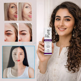 Woman holding a skincare product with before-and-after images on a light background