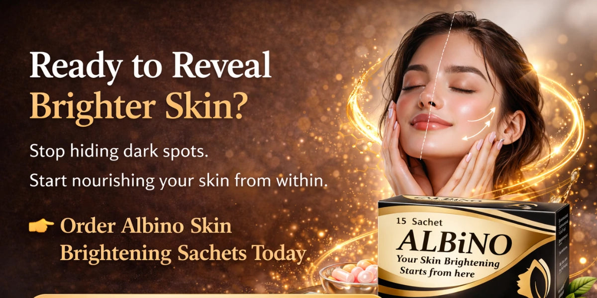 Advertisement for Albino Skin Brightening Sachets with a woman touching her face and product packaging.