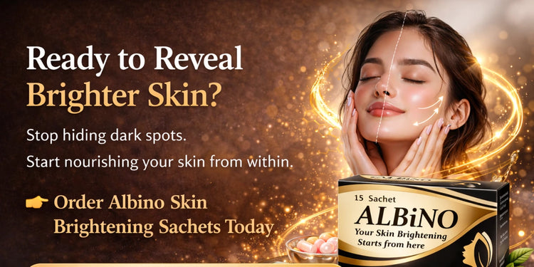 Advertisement for Albino Skin Brightening Sachets with a woman touching her face and product packaging.