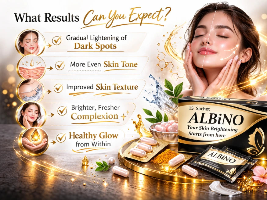 Albino skin brightening product packaging with text on expected results.