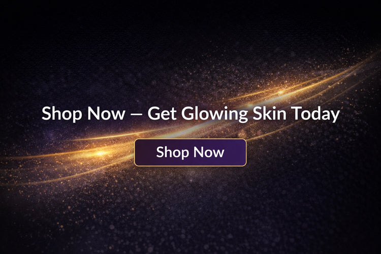 Promotional text 'Shop Now - Get Glowing Skin Today' with a 'Shop Now' button on a dark background with glowing lines.