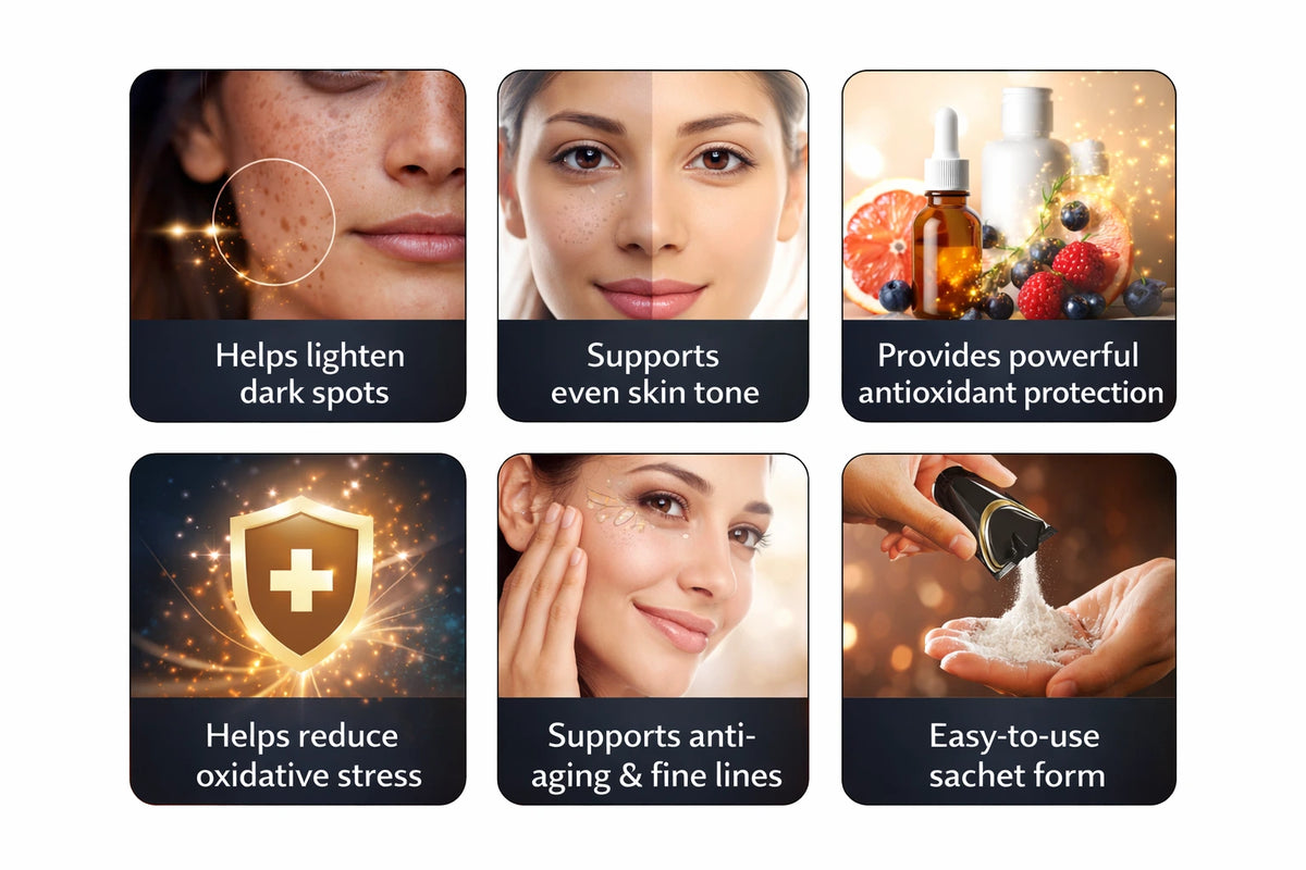 Collage of skincare product benefits with text and images of a woman's face.