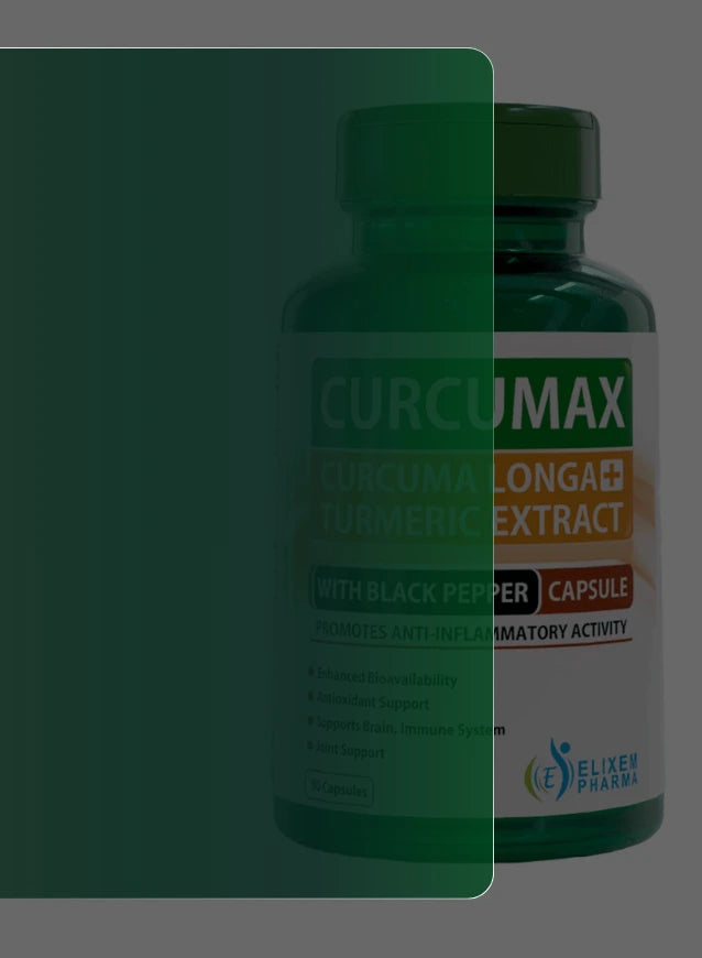 Curcuma Max supplement bottle with green label on a dark background
