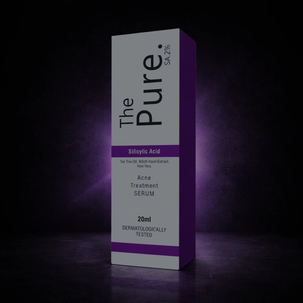 The Pure Silicic Acid Acne Treatment Serum packaging on a dark background