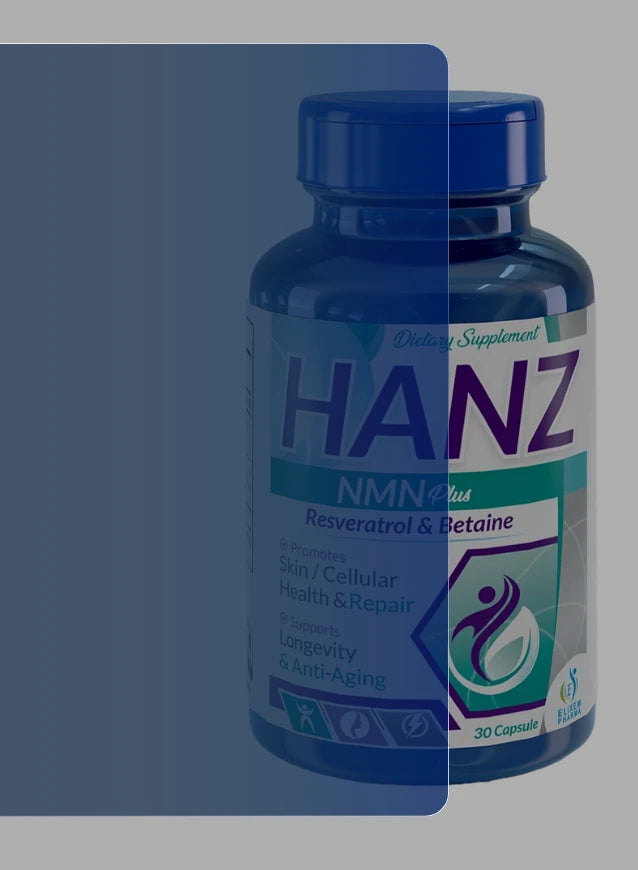 HANZ NMN+ supplement bottle on a gray background
