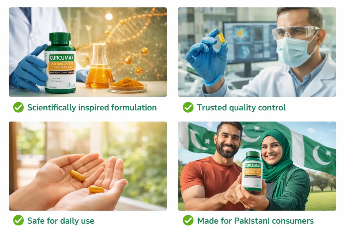 Promotional image of a supplement brand with scientists, quality control, and consumer safety elements.