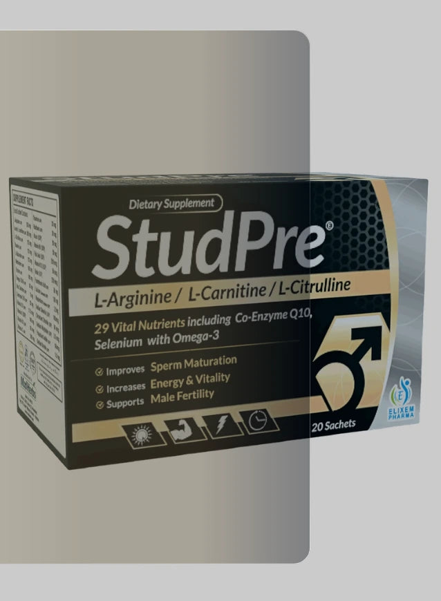 Box of StudPre dietary supplement on a gray background