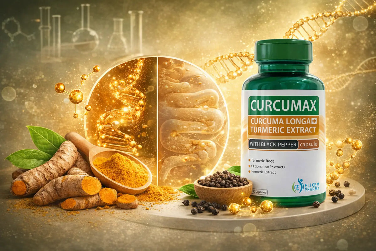 Curcuma Longa supplement bottle labeled 'Curcumax' with turmeric roots, powder, and black pepper on a golden background.