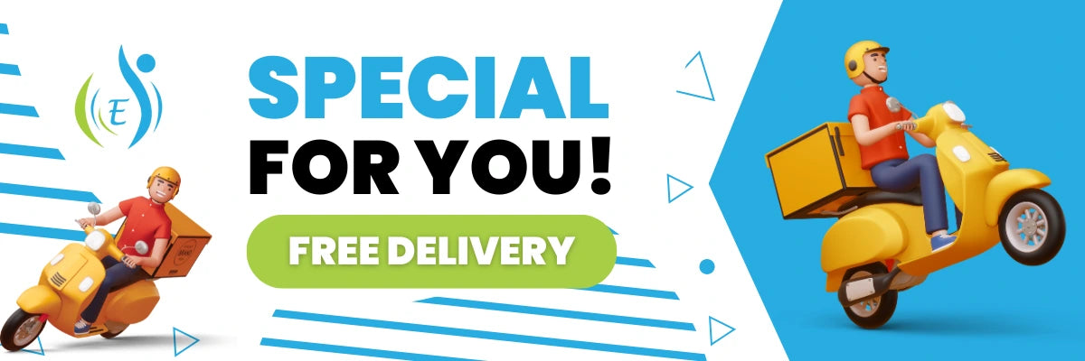 Advertisement for free delivery service with a delivery person on a scooter and text 'Special for you! Free delivery' on a blue background.