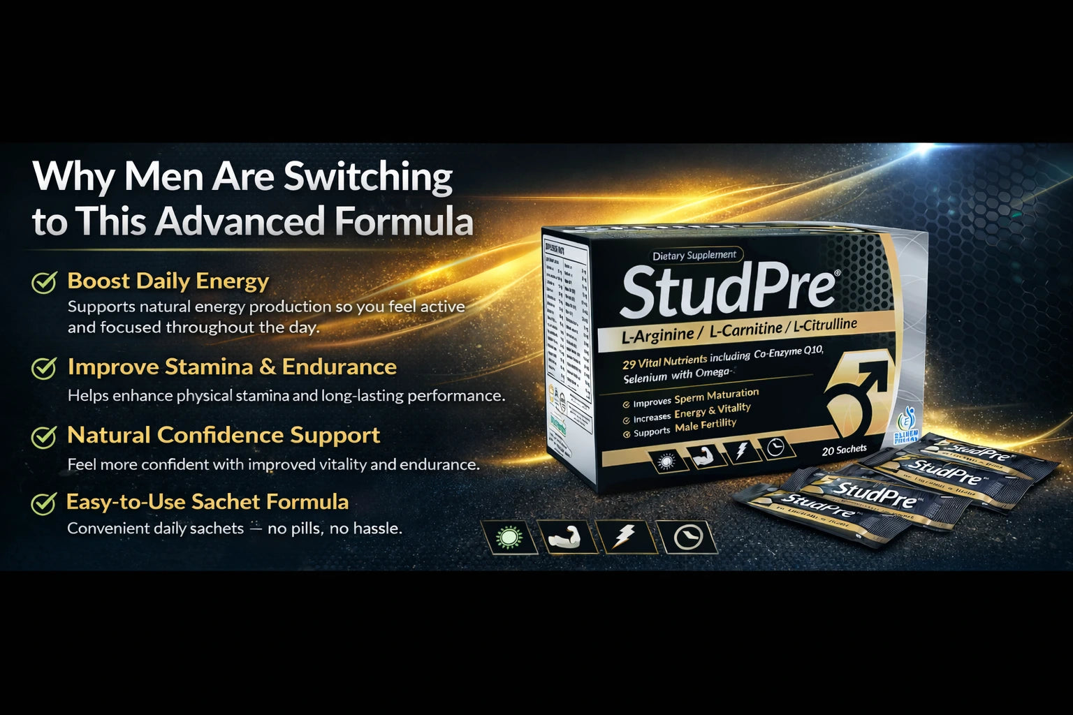StudPre supplement packaging with promotional text on a dark background