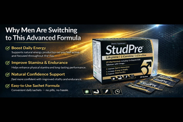 StudPre supplement packaging with promotional text on a dark background