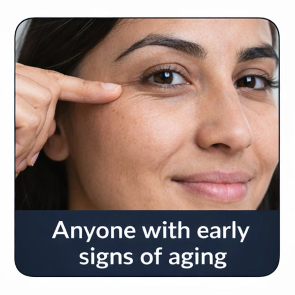 Woman pointing to her forehead with text 'Anyone with early signs of aging' on a blue background